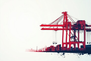 Fototapeta premium Industrial Port Scene with Red Crane and Cargo Containers in Silhouette