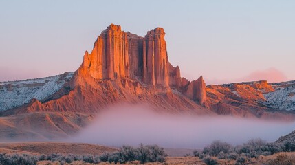Witness the Majesty of Time Eroded rock formations covered in mist, telling a story of time, stand as silent sentinels under the dawn's gentle embrace Layers of sediment reveal epochs of change