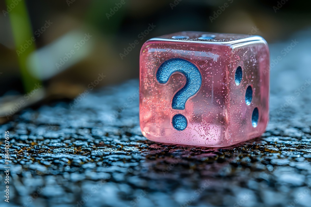 Aufkleber pink translucent dice with blue question mark symbol on wet surface showing mystery and uncertainty 