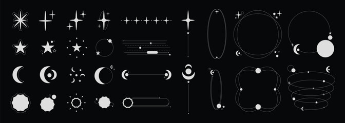 Set of abstract geometric shapes element vector. Collection of contemporary figure, circle, flower, sparkle, triangle, line ,frame, star. Design element for banner, prints, stickers, decor, icon.