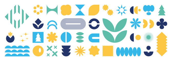 Set of abstract geometric shapes element vector. Collection of contemporary figure, circle, flower, sparkle, triangle, line ,frame, star. Design element for banner, prints, stickers, decor, icon.