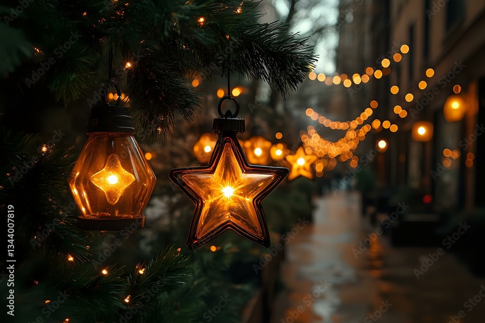 Poster glowing star and hexagonal christmas ornaments on evergreen tree with festive bokeh lights creating 