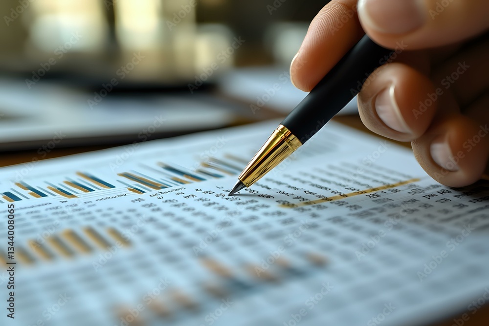Poster close-up view of fountain pen analyzing financial data on paper with charts and numbers, showing bus