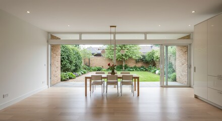Dining Area Interior View with Garden, Open Doors and Natural Light
