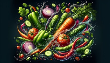 Naklejka premium Dynamic presentation of fresh vegetables in water, highlighting their vibrant colors and healthy appeal for healthy lifestyle concepts. 