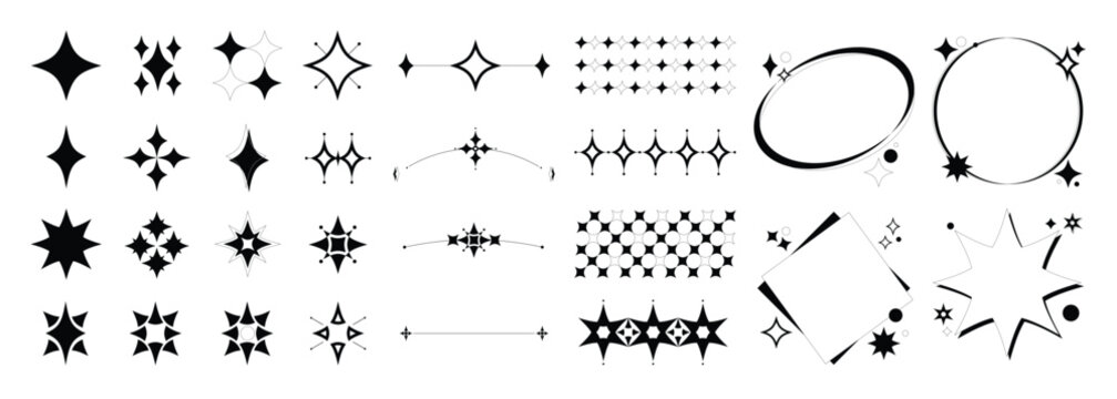 Set of abstract geometric shapes element vector. Collection of contemporary figure, circle, flower, sparkle, triangle, line ,frame, star. Design element for banner, prints, stickers, decor, icon.