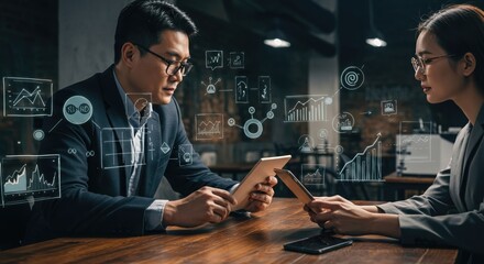 Collaborative Business Strategy Meeting with Advanced Technology Interfaces for Innovative Data Analysis and Productivity Solutions.
