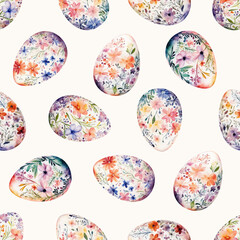 Colored watercolor Easter eggs with flowers on white background.  Easter seamless pattern, vector illustration.  Texture for fabric, wrapping, wallpaper, print