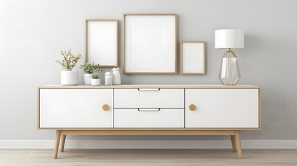 Modern Minimalist Furniture Arrangement with White Cabinet and Decorative Elements in a Living Room