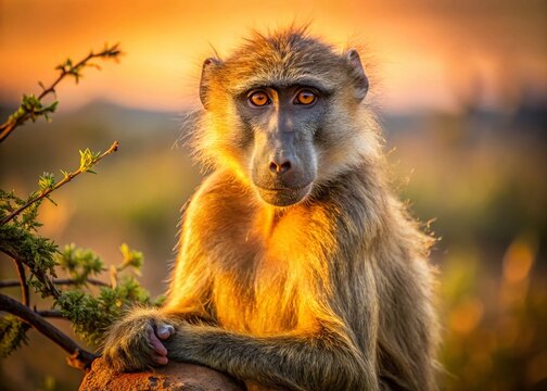 Golden Hour Baboon Portrait: Close-up of Yellow Baboon on Branch in Africa