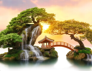 Fototapeta premium isla, bonsai, huerta, casa china, puente, acuático, aparcar, árbol, lago, charcas, naturaleza, paisaje