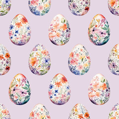 Colored watercolor Easter eggs with flowers on pink background.  Easter seamless pattern, vector illustration.  Texture for fabric, wrapping, wallpaper, print