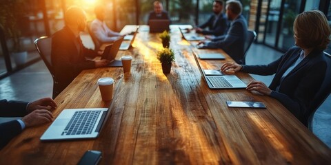 Top View of Blurry Business Professionals Collaborating on Financial Analysis in Modern Office Meeting Room