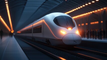 Naklejka premium Futuristic train in a modern underground station with glowing lights and passengers in background setting atmosphere