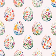 Colored watercolor Easter eggs with flowers on pink background.  Easter seamless pattern, vector illustration.  Texture for fabric, wrapping, wallpaper, print