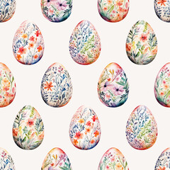 Colored watercolor Easter eggs with flowers on white background.  Easter seamless pattern, vector illustration.  Texture for fabric, wrapping, wallpaper, print