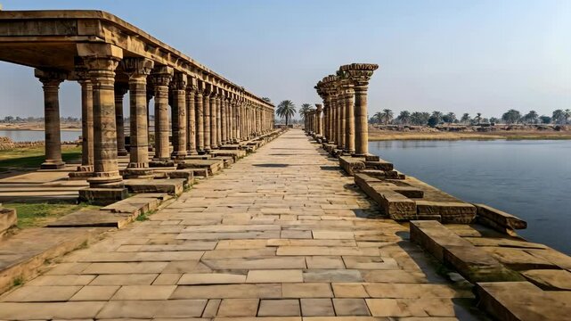 Beautiful stone pathway leading to ancient ruins near a calm river in Hampi, India during the daytime