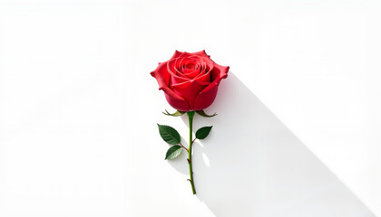 Red blooming rose on white background with soft shadows  