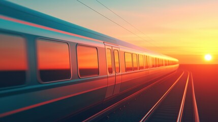 Naklejka premium Vibrant Sunset over Train Tracks with Modern Train Silhouette Against Colorful Sky in Motion