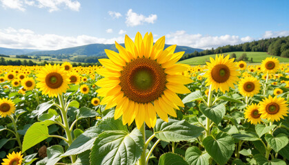 Vibrant sunflowers blooming in vast farmland, natural beauty
