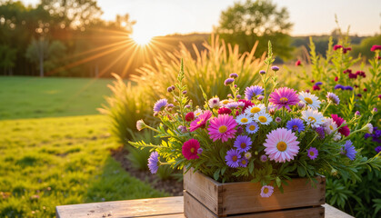 Fototapeta premium Lush floral centerpiece basking in sunrise glow, nature's beauty 