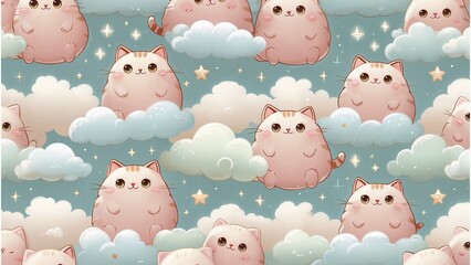 Fototapeta premium A whimsical kawaii-style illustration featuring a repetitive pattern of adorable, rounded, and chubby cats with large, shining eyes, sweet expressions, and tiny noses, suspended effortlessly amidst