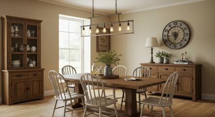 Fototapeta premium Dining Room Interior with Rustic Wooden Furniture and Classic Design