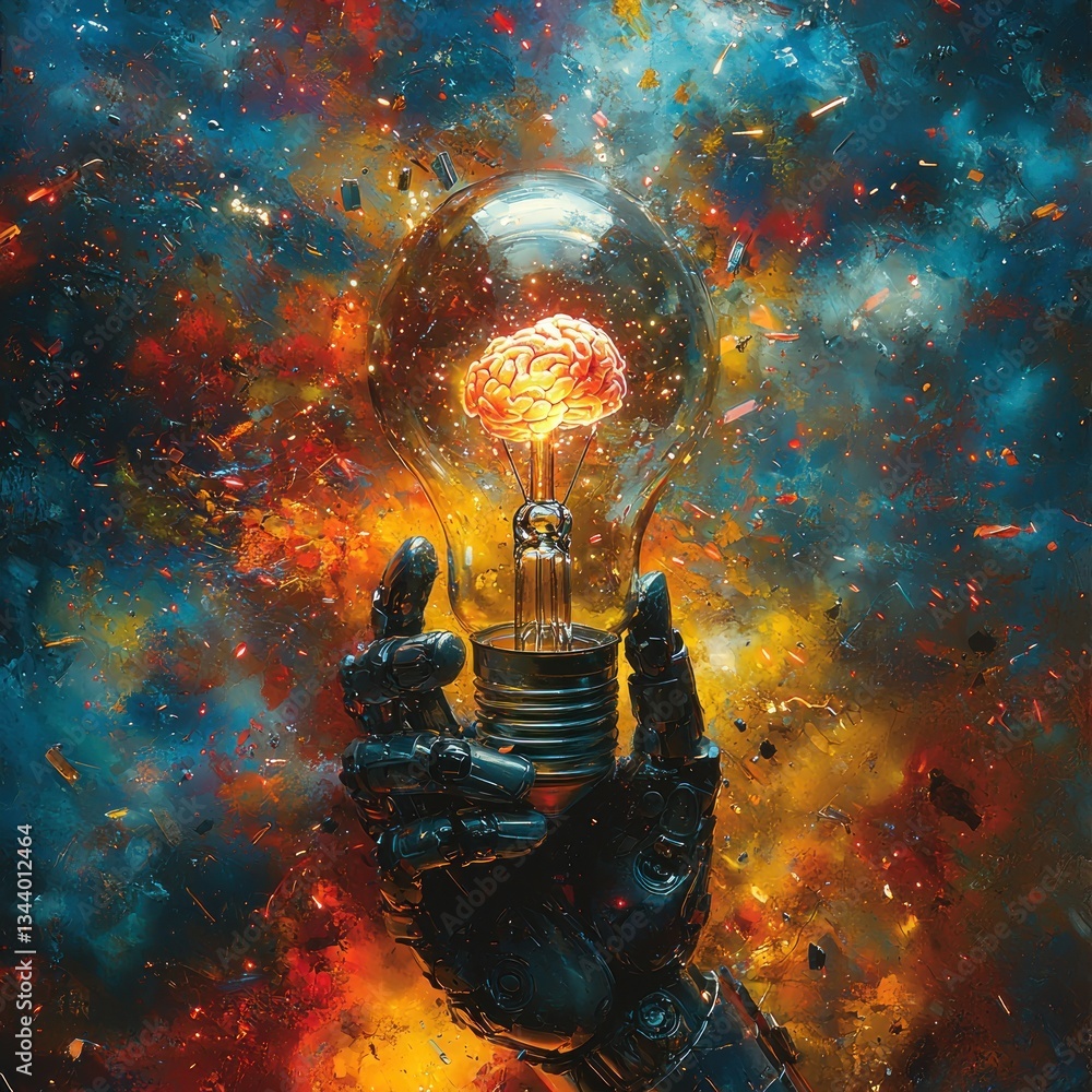 Poster artificial intelligence creativity with neuron bulb and a robotic hand