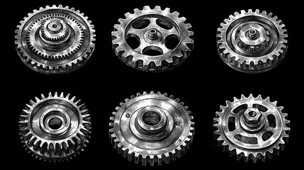 Close-up view of various metallic gears showcasing intricate designs and textures