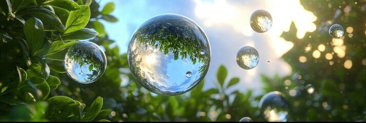 Hyper-realistic Floating Crystal Spheres Reflecting Lush Foliage and Blue Sky