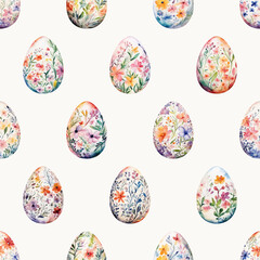 Colored watercolor Easter eggs with flowers on white background.  Easter seamless pattern, vector illustration.  Texture for fabric, wrapping, wallpaper, print