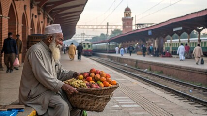 A old man in pakistan lahore city railway station selling some fruits in baskit