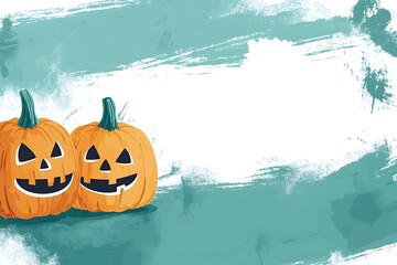 Fototapeta premium Cute Halloween Jack-o'-Lantern Pumpkins Teal Background Illustration