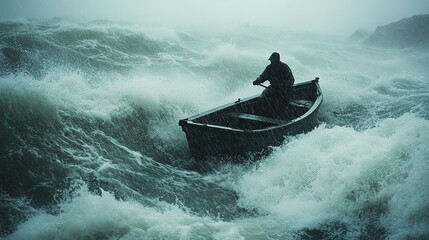 Fototapeta premium A fisherman battling rough waters and pouring rain on a small boat.