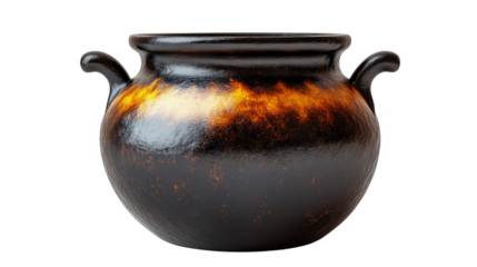 Enchanting Cauldron: A classic cauldron stands isolated. Its dark, glossy surface is accented by warm, fiery hues, creating a sense of mystery and the promise of brewing magic. 
