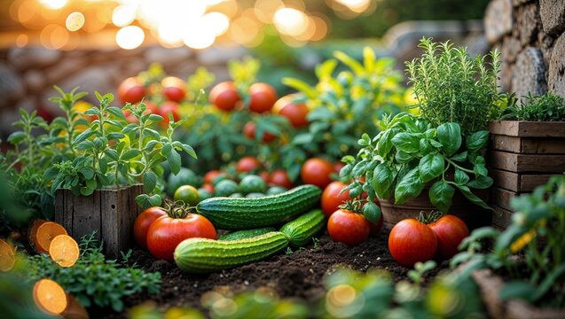 Vibrant garden with ripe tomatoes and fresh cucumbers at sunset in a lush vegetable patch