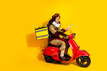 A Nobleman in Royal Costume Delivers Food on a Modern Scooter