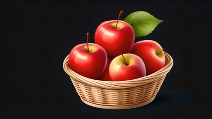 Basket of red apples, fresh fruit clipart on black background, vibrant and healthy