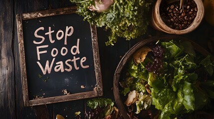 Stop food waste sign with discarded vegetables and greens.