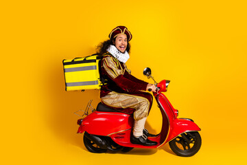 Amusing historic-themed rider donned in noble attire on a vibrant scooter against bright yellow...