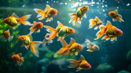 Naklejka premium Swimming Goldfish School in Aquarium with Bubbles and Green Plants