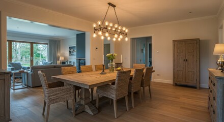 Dining Room Showcases Wooden Table and Chairs with Elegant Chandelier