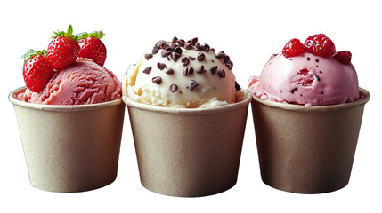 Triple Delight: A tantalizing trio of gourmet ice cream cups beckons, each brimming with vibrant flavors and exquisite toppings. These ice creams are capturing the essence of summer joy