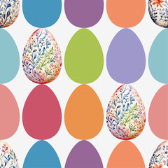 Colored watercolor Easter eggs with flowers on white background.  Easter seamless pattern, vector illustration.  Texture for fabric, wrapping, wallpaper, print