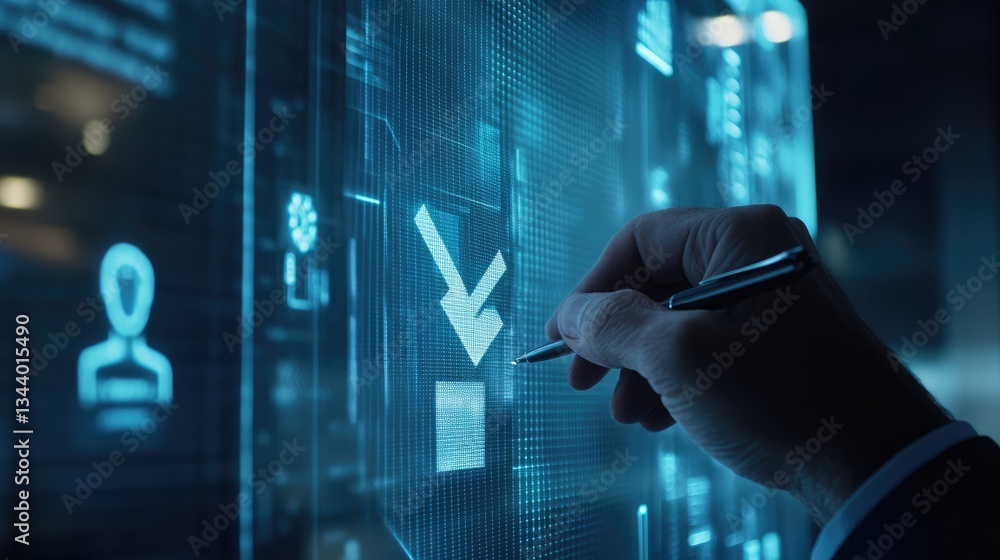 Poster a hand using a pen to check off a digital box on a futuristic interface with abstract data visuals i