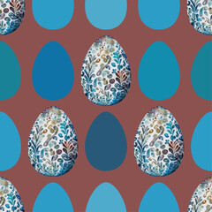 Colored watercolor Easter eggs with flowers.  Easter seamless pattern, vector illustration.  Texture for fabric, wrapping, wallpaper, print