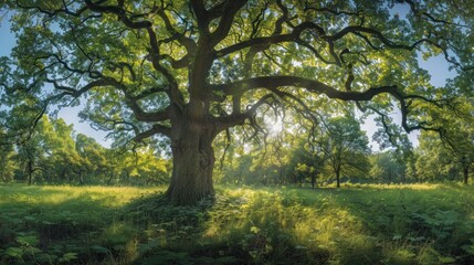 Fototapeta premium Enchanting sunlight illuminating an old oak tree in a lush meadow