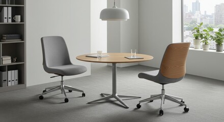 Modern office furniture with minimalist design featuring two swivel chairs and round wooden table in a corporate meeting area