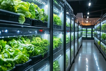 Rows of plants growing in an indoor vertical farming setup