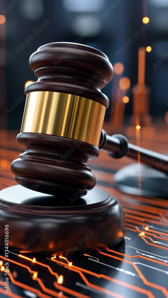 Poster animating justice with gavel and digital elements in a modern court setting